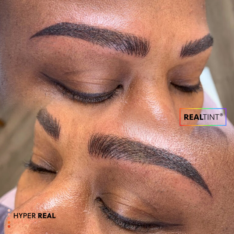 Hyper Real Academy PMU training demo: RealTint nano brows, hair strokes, powder brows, and eyeliner.