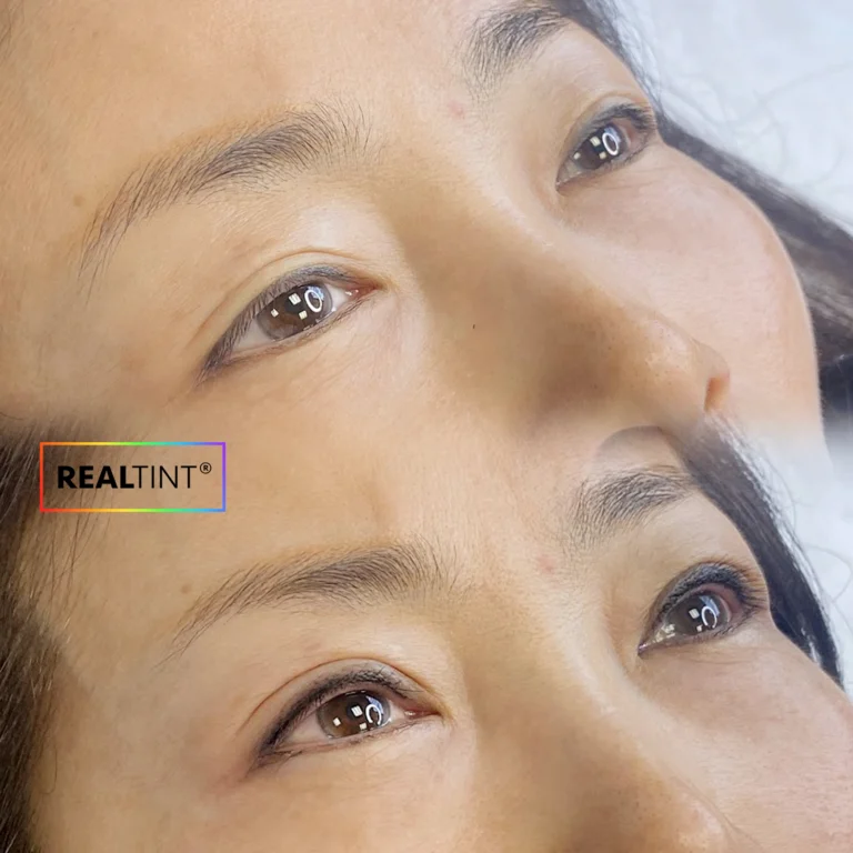 Before and after eyeliner PMU. Top: natural eyes without makeup. Bottom: thin dark line along upper lash line. Lash line enhancement technique, natural finish. Hyper Real Eyeliner showing subtle definition and enhanced lash appearance.