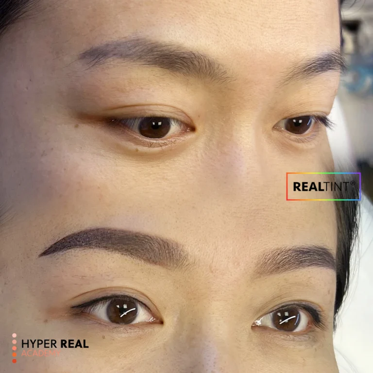 Hyper Real Academy PMU training demonstration of eyeliner and powder brows using RealTint pigments.