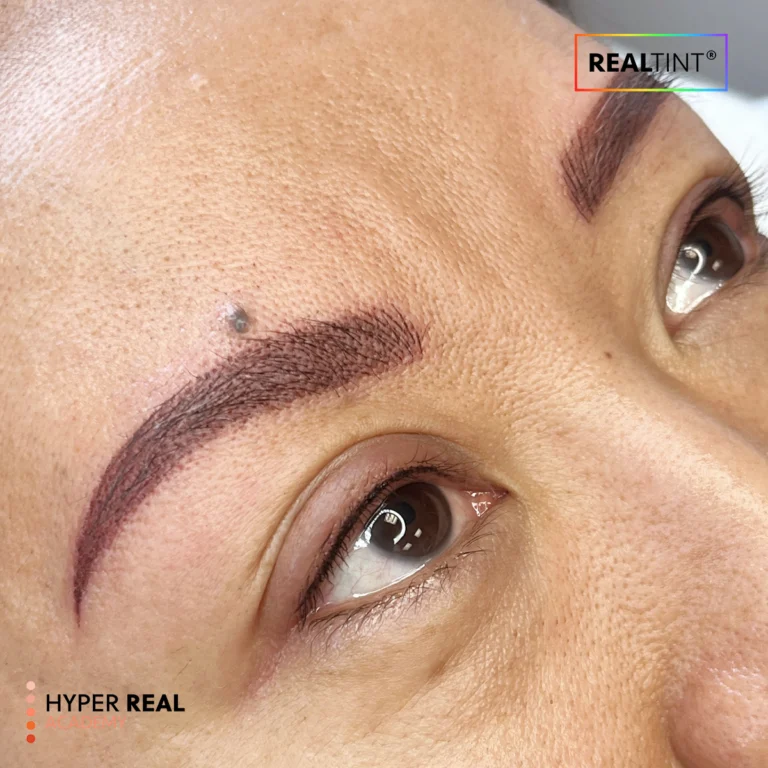 Hyper Real Academy PMU training: RealTint nano brows, hair strokes, and eyeliner demo.