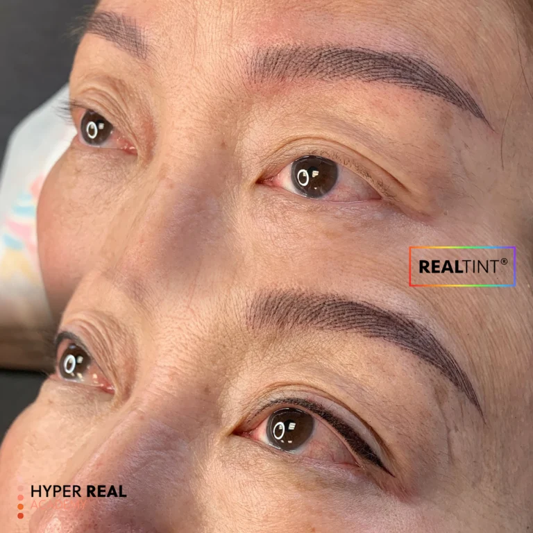 Hyper Real Academy PMU training demo: RealTint eyeliner wing and natural hair stroke brows on a client.