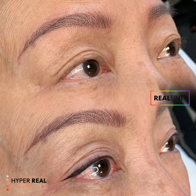 Hyper Real Academy eyeliner and nano brows training. RealTint PMU demonstration showing hair strokes and eyeliner.