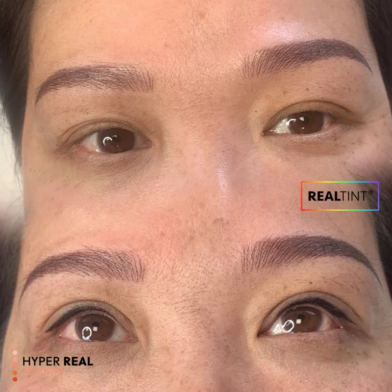 Hyper Real Academy eyeliner PMU demonstration: Close-up of upper lash line with subtle definition. RealTint® pigment for natural permanent makeup results.