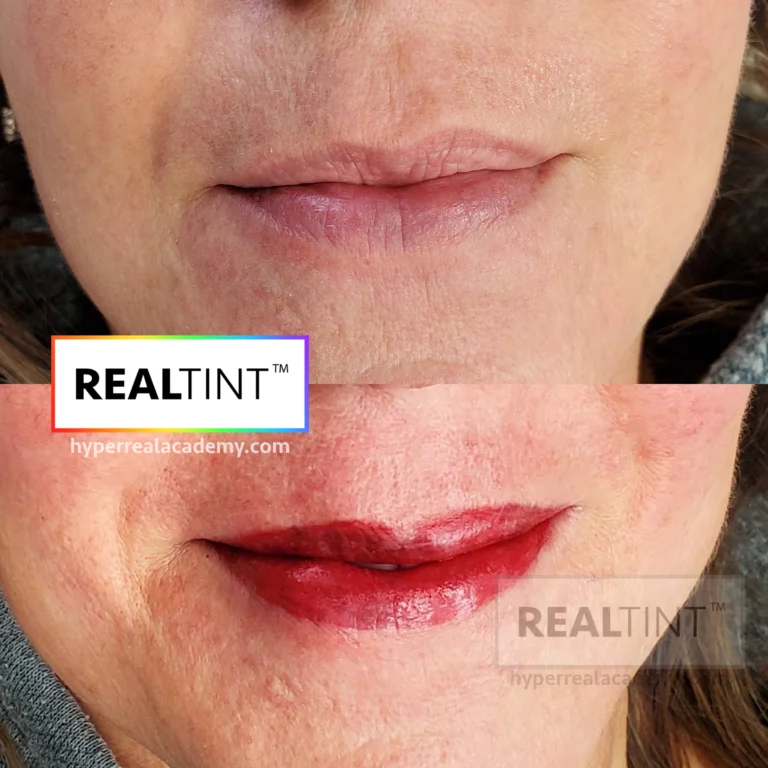 RealTint lip blush before and after demonstration showing permanent makeup training results by Hyper Real Academy.