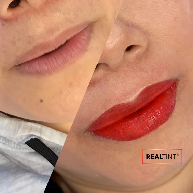 Hyper Real Academy PMU training lip blush. Before and after RealTint red lips demonstration.