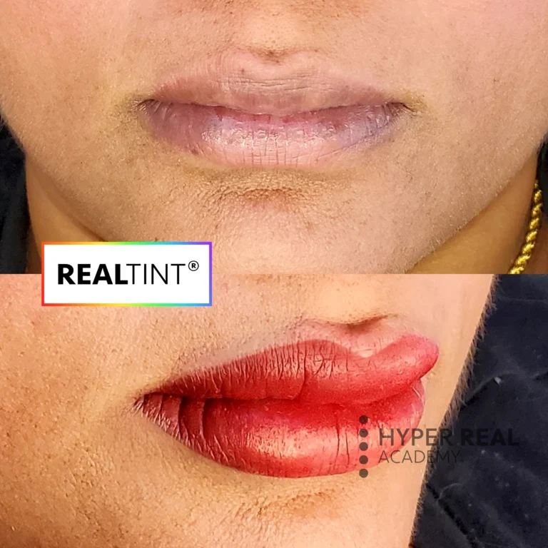 RealTint lip blush before and after demonstration by Hyper Real Academy permanent makeup training.