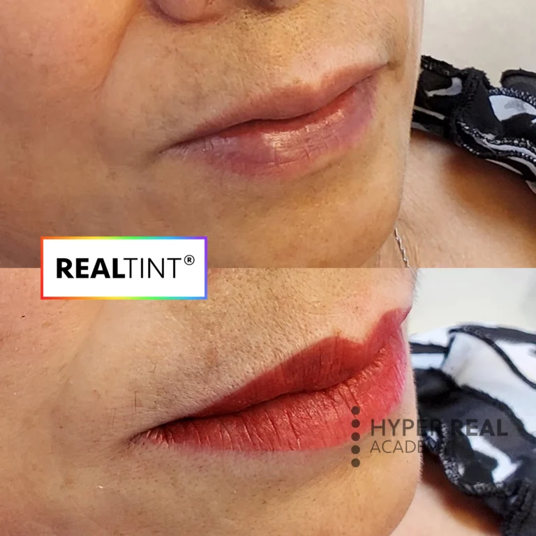Hyper Real Academy PMU lip blush training demonstration showing RealTint pigment before and after results.