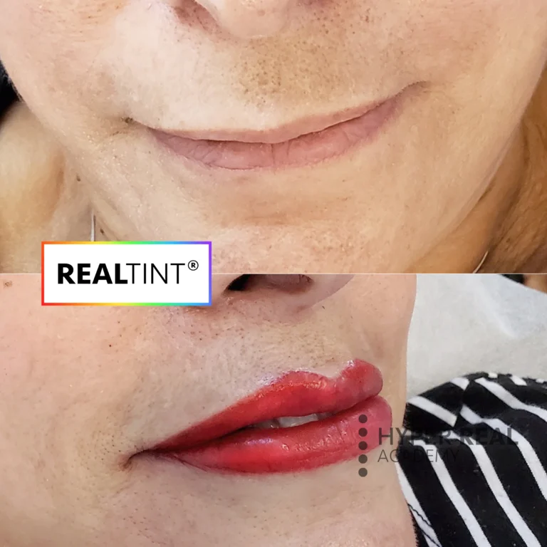 RealTint lip blush before and after. Hyper Real Academy PMU training demonstration showing permanent makeup lip color enhancement.