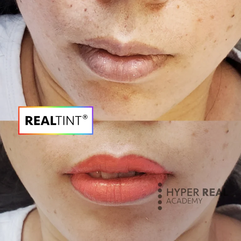 Hyper Real Academy lip blush before and after. RealTint PMU training demonstration showing natural lips transformed to vibrant pink.