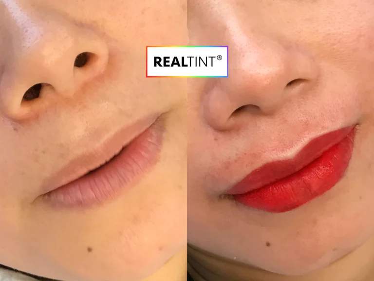 RealTint lip blush before and after demonstration showing vibrant red permanent makeup results for PMU training.