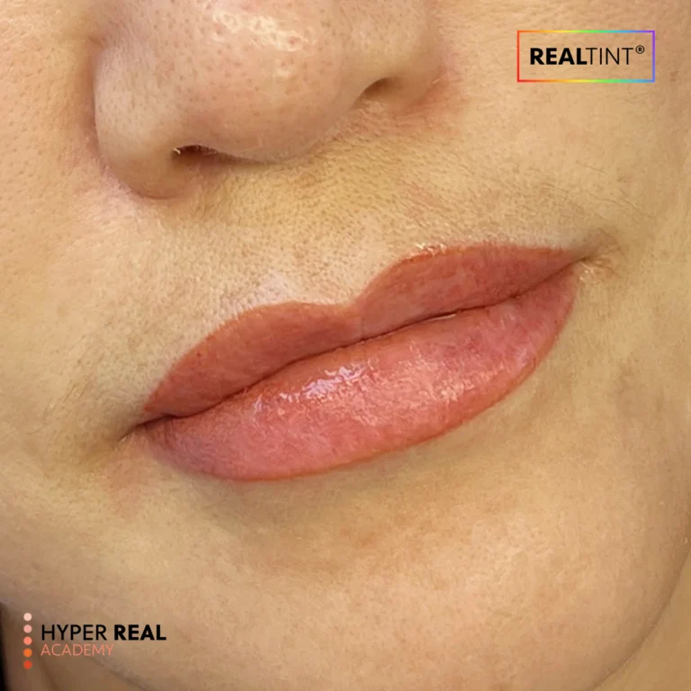 Hyper Real Academy lip blush training demonstration showing natural pink lips using RealTint PMU.