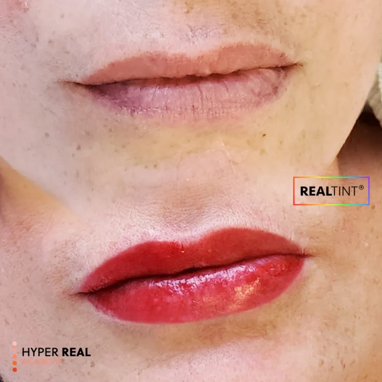 Hyper Real Academy lip blush training demonstration showing RealTint pigment before and after results.