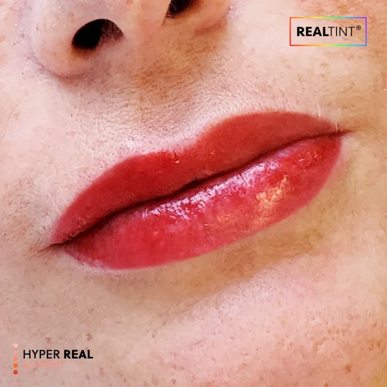 Hyper Real Academy lip blush demonstration using RealTint pigment on client lips.