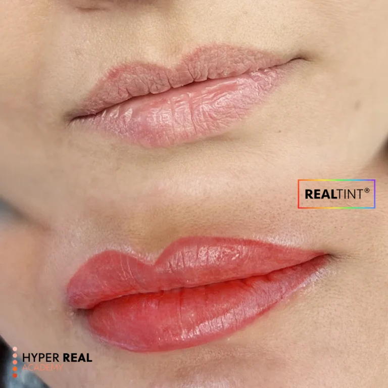 Lip blush before and after demonstration showing natural vs tinted lips. Hyper Real Academy RealTint PMU training.