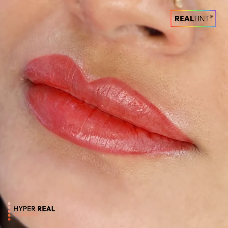 Hyper Real Academy lip blush demonstration showing red RealTint pigment on lips for PMU training.