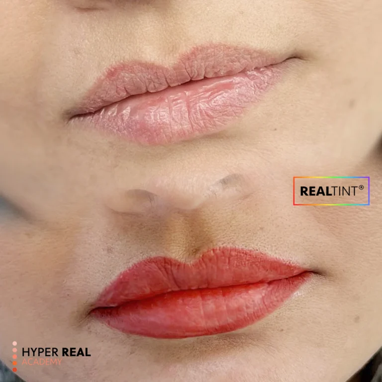 Lip blush before and after. Pale lips vs vibrant red. RealTint and Hyper Real Academy training demonstration.
