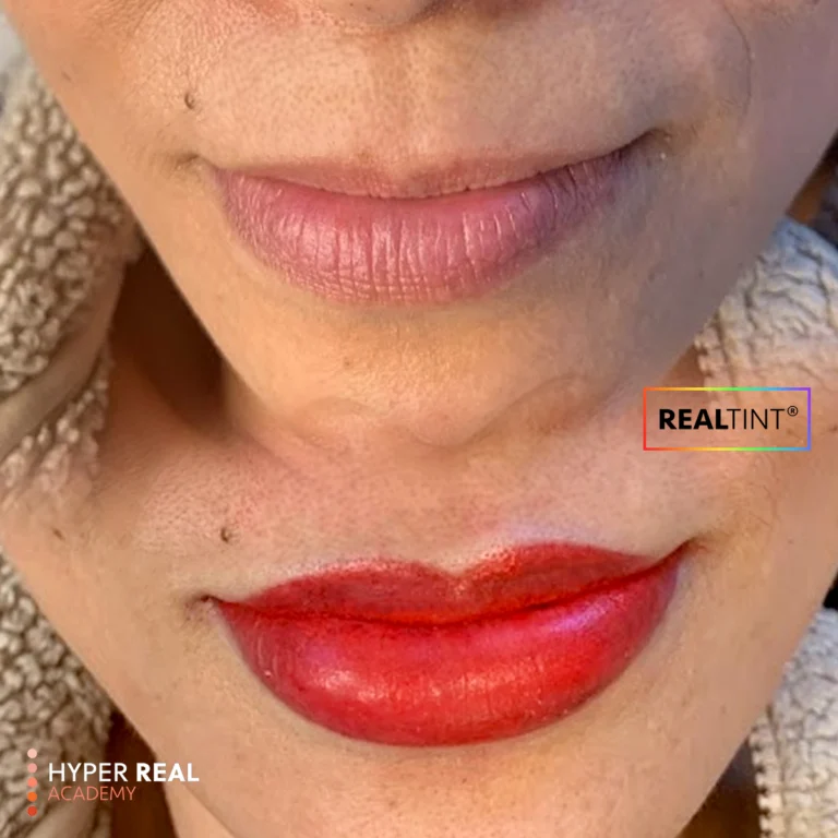 Hyper Real Academy PMU training lip blush demonstration showing RealTint pigment results on model lips.
