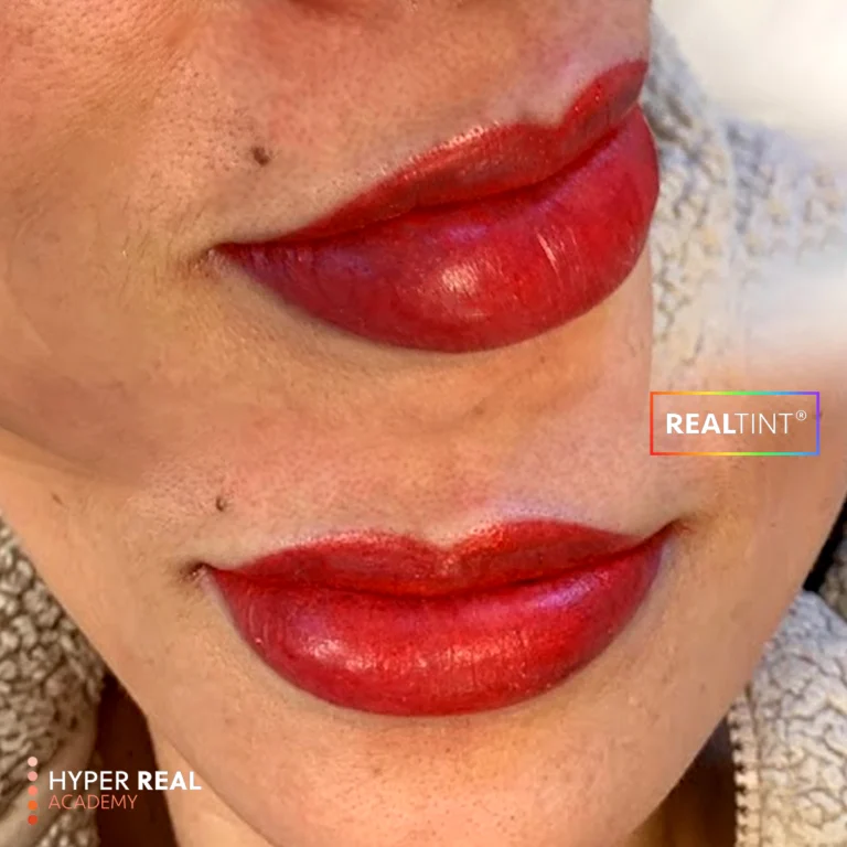 Hyper Real Academy lip blush training demonstration showing RealTint permanent makeup results on lips.