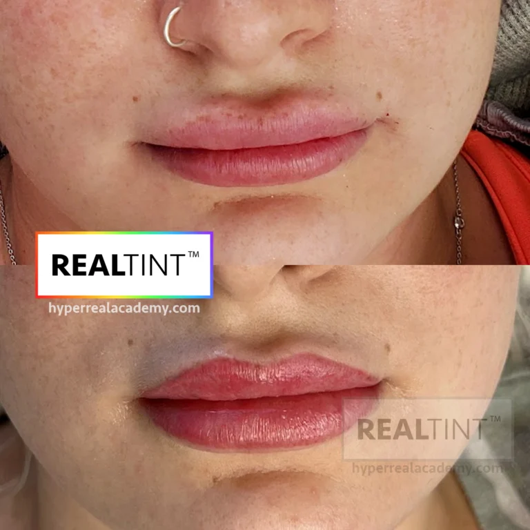 RealTint lip blush PMU training demonstration showing before and after results on a model lips by Hyper Real Academy.