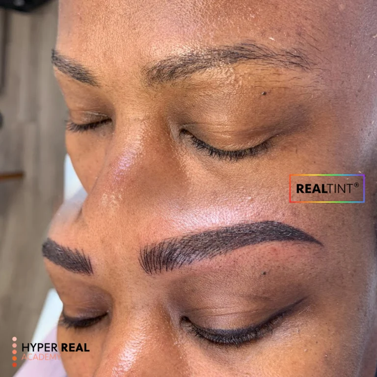 Hyper Real Academy nano brows before/after: Close-up of healed PMU result with natural hair strokes. RealTint® pigment for realistic eyebrow enhancement with soft brown color.
