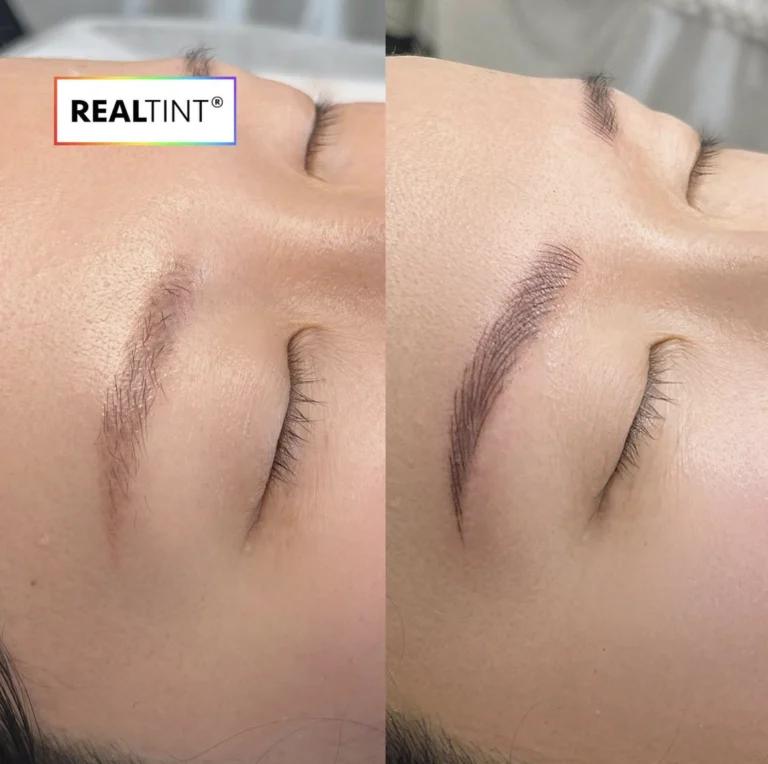 Before and after nano brows transformation. Top: natural sparse light brown brows. Bottom: dark, full brows with defined arch and hair-like strokes. RealTint pigment, Hyper Real Academy technique showing microblading or nano brows PMU results.