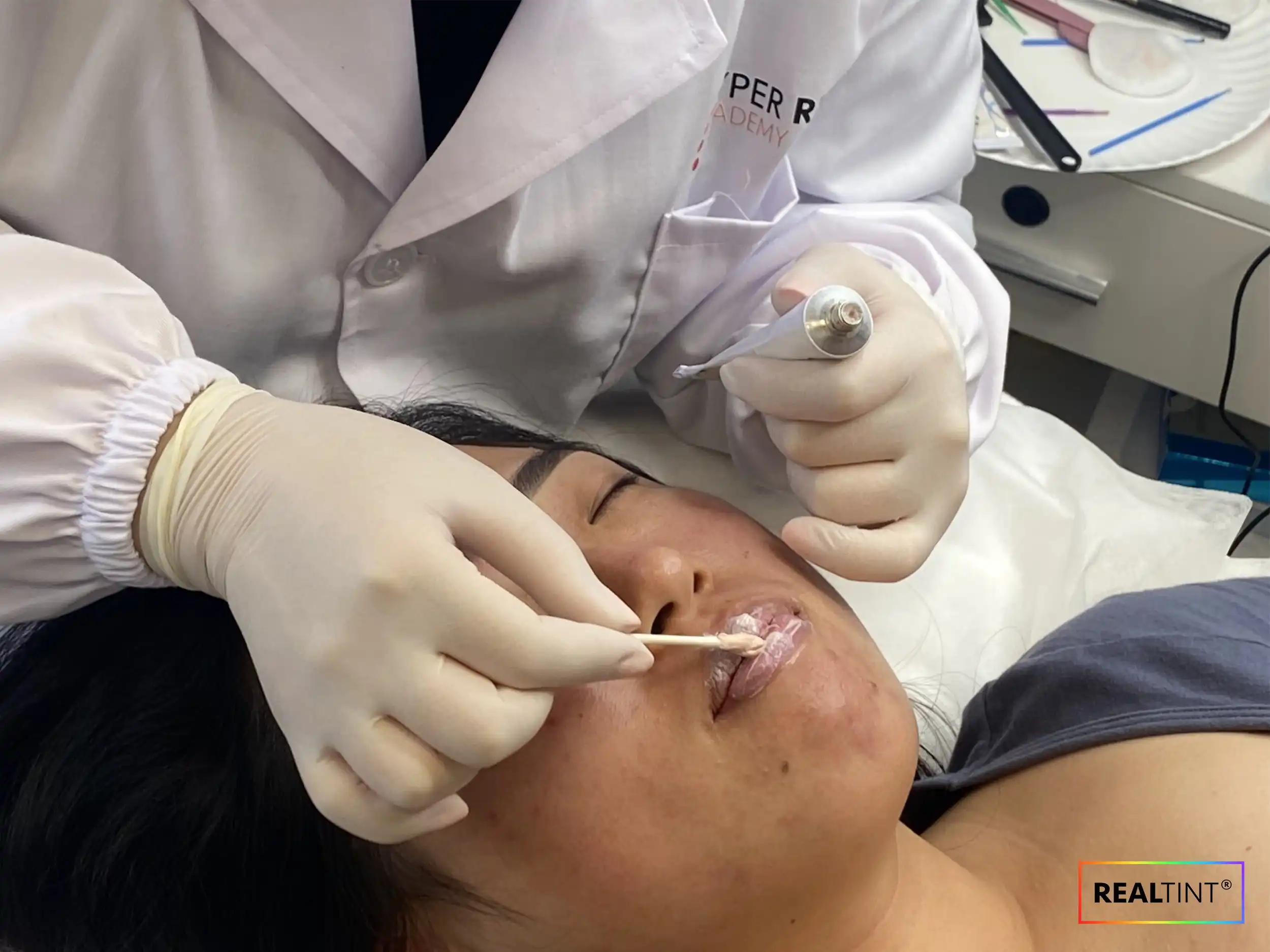 PMU training or procedure image from Hyper Real Academy. Permanent makeup education with RealTint® pigment for nano brows, powder brows, lip blush, eyeliner, and SMP.