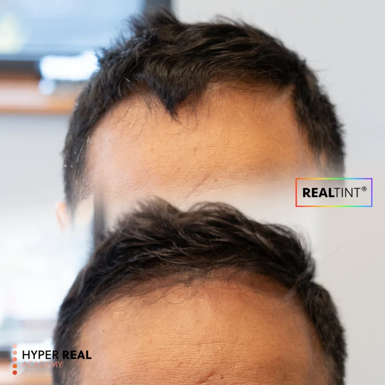 Hyper Real Academy SMP training demonstration showing RealTint scalp micropigmentation before and after results.