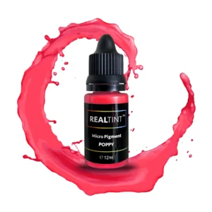 RealTint Poppy PMU pigment bottle. Red micro pigment for lip blush, eyeliner, and nano brows training.