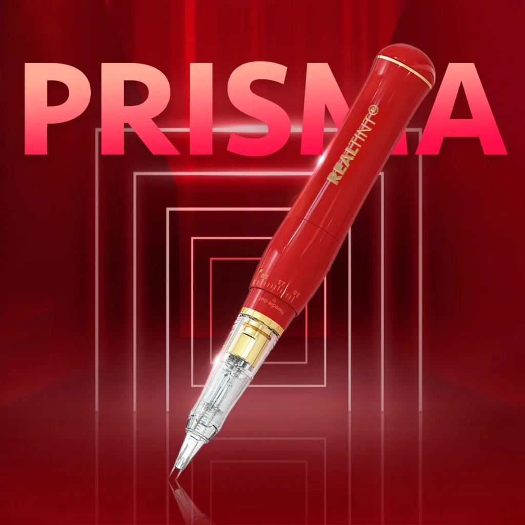 Red RealTint Prisma PMU machine for permanent makeup training, nano brows, eyeliner, hair strokes, and lip blush.