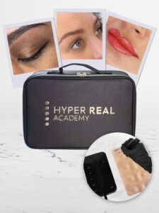 Hyper Real Academy PMU student kit for eyeliner, hair strokes, lip blush training with RealTint machine demonstration.