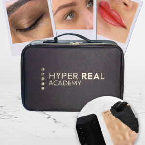 Hyper Real Academy PMU student kit for eyeliner, hair strokes, lip blush training with RealTint machine demonstration.