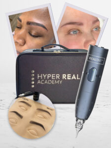 Hyper Real Academy student kit for nano brows training featuring RealTint machine, practice pad, and PMU demonstration.
