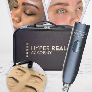Hyper Real Academy student kit for nano brows training featuring RealTint machine, practice pad, and PMU demonstration.