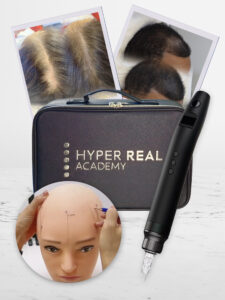 Hyper Real Academy SMP student kit featuring scalp micropigmentation training photos and PMU machine.