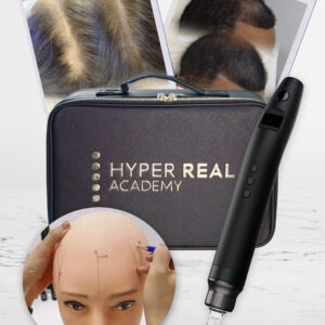 Hyper Real Academy SMP student kit featuring scalp micropigmentation training photos and PMU machine.
