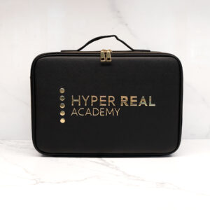 Hyper Real Academy black PMU travel case for permanent makeup training, nano brows, powder brows, and lip blush.