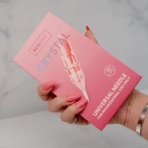 RealTint Crystal universal needle box for PMU training. Perfect for hair strokes, powder brows, eyeliner, and lip blush.