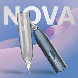 RealTint Nova PMU machines for permanent makeup training. Silver and grey devices for nano brows, eyeliner, and lip blush.
