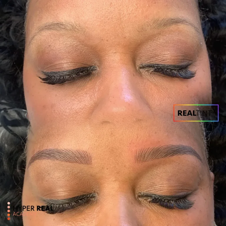 Hyper Real Academy permanent makeup training example of realistic hair stroke nano brows using RealTint pigment.