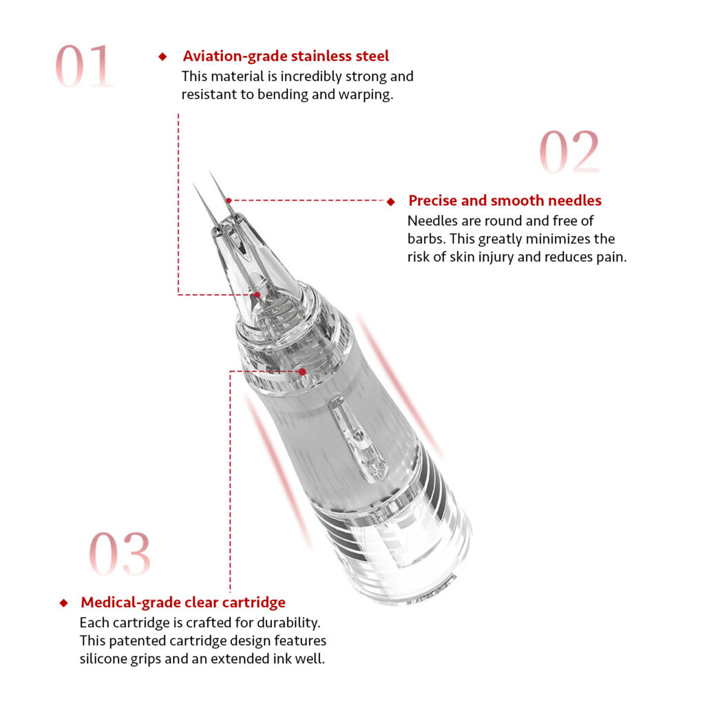 Prisma Needle cartridge for Hyper Real Academy PMU training demonstration. Ideal for nano brows, powder brows, and lip blush.