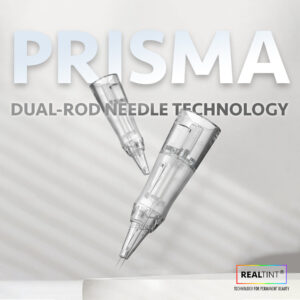 RealTint Prisma dual-rod needle cartridges for PMU training. Ideal for nano brows, hair strokes, and SMP.
