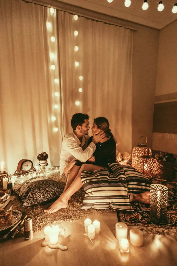 Romantic couple with candles. Hyper Real Academy PMU training: lip blush, nano brows, powder brows, eyeliner.