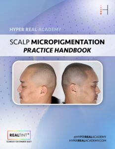 Hyper Real Academy SMP training handbook cover showing scalp micropigmentation demonstration and RealTint logo.