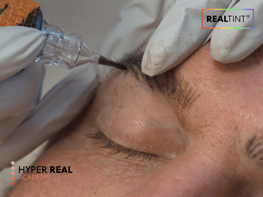 Hyper Real Academy nano brows before/after: Close-up showing natural hair-like strokes with RealTint® pigment. Hyper Real PMU technique for realistic eyebrow enhancement with fine strokes.