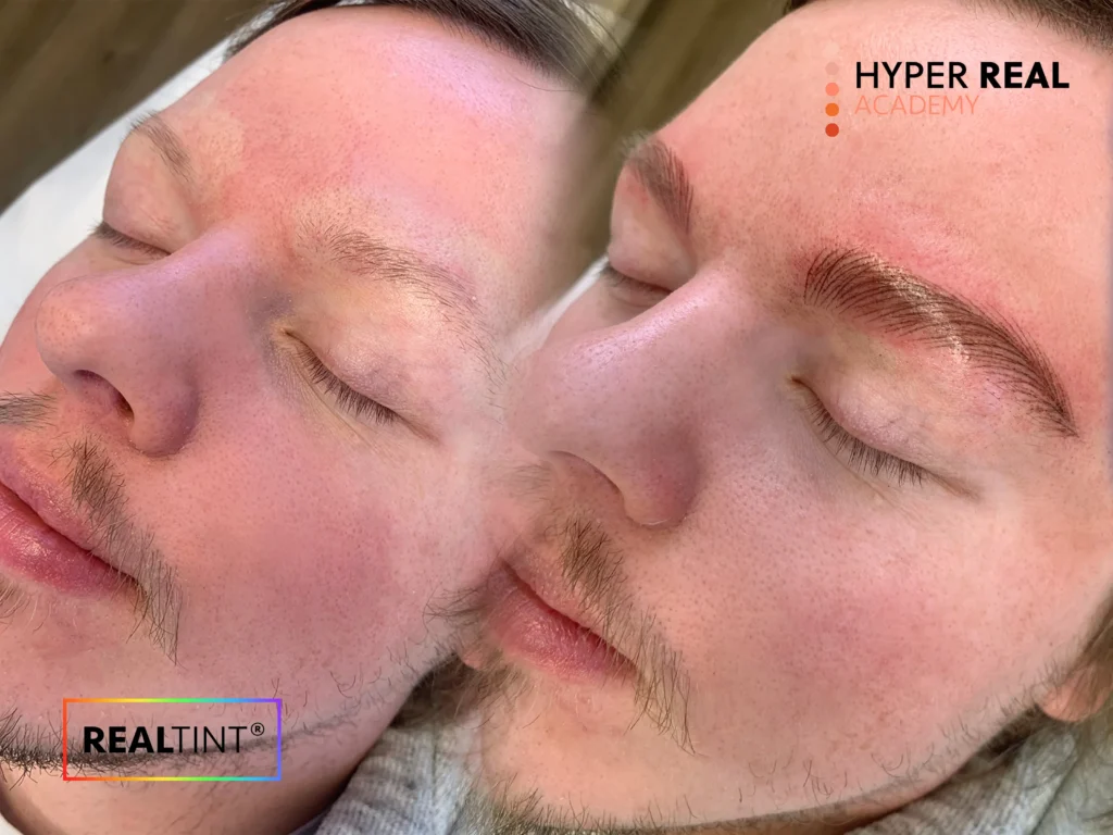 Hyper Real Academy PMU training classroom with students in white lab coats. Instructor demonstrates technique on practice skin while students observe. RealTint® permanent makeup certification course.