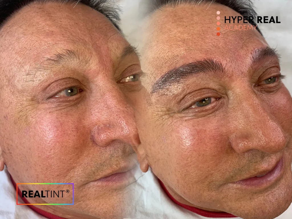 Hyper Real Academy PMU procedure demonstration. Artist in pink nitrile gloves holds rotary machine for nano brows or eyeliner. RealTint® pigment application training with professional equipment.