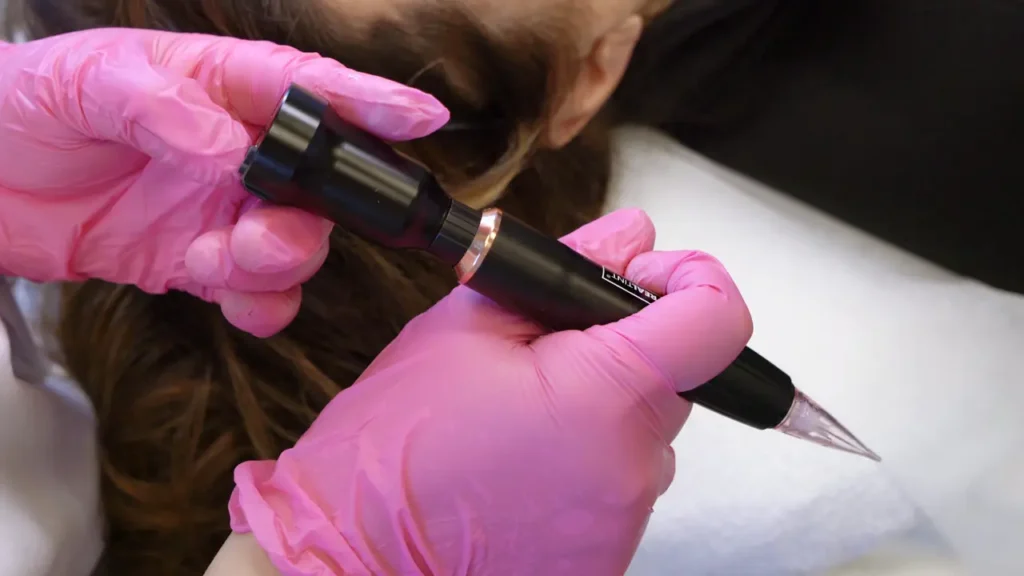 Close-up of a client's face demonstrating a PMU eyebrow transformation on a model with dark skin. The top half shows natural, sparse brows, while the bottom half displays fresh Nano Brows featuring crisp, hair-like strokes and a defined arch using RealTint® pigment. Watermarked with Hyper Real Academy, this image serves as a training example for permanent makeup techniques like nano brows and combo brows.