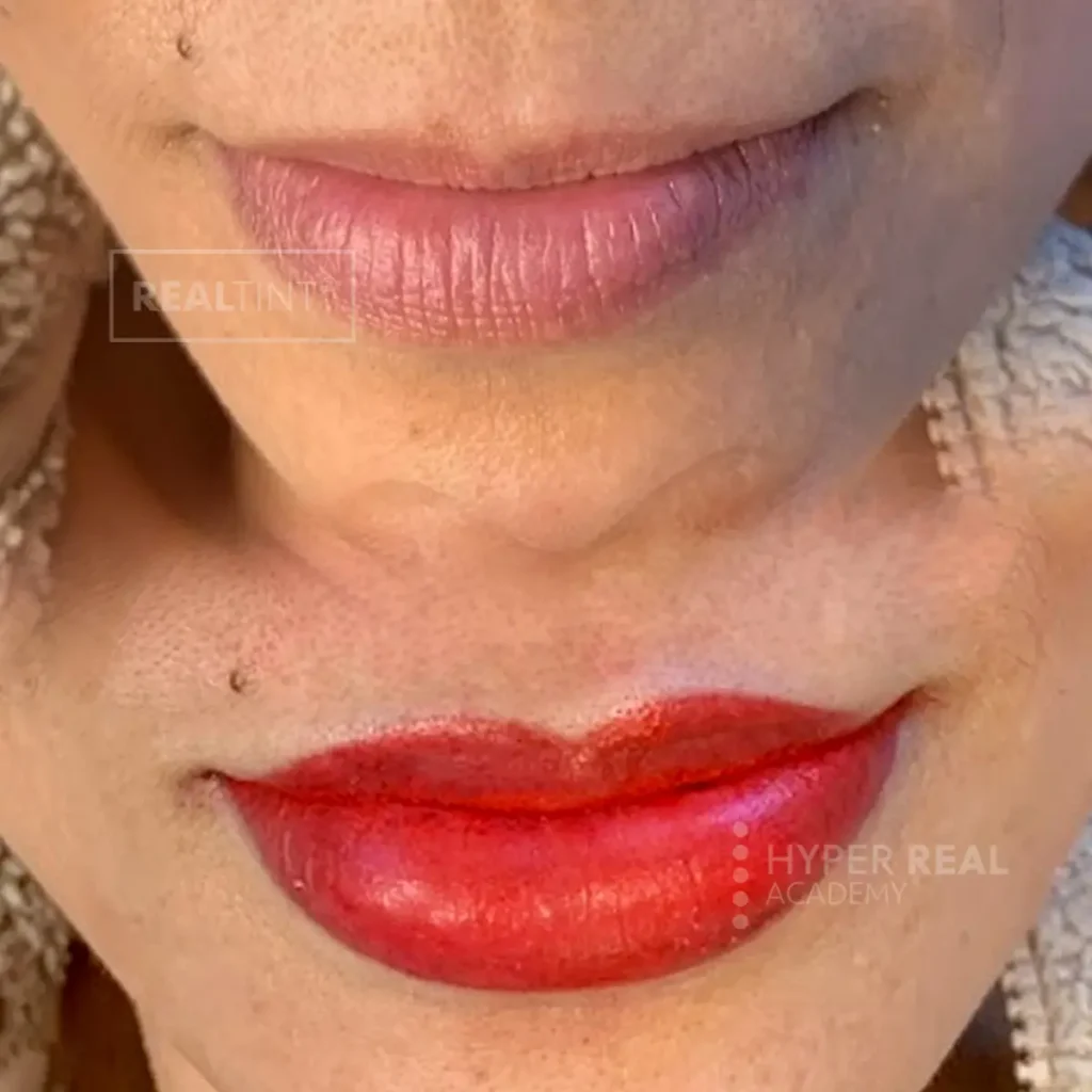 Hyper Real Academy PMU training: RealTint lip blush before and after demonstration showing vibrant red lips.