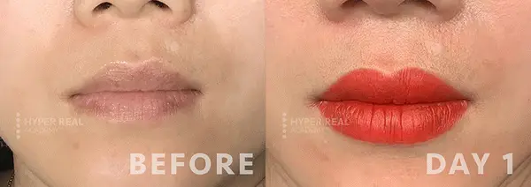 Lip blush healing progress collage: Week 1 (swollen, vibrant red) and Week 2 (peeling, softer pink). Shows typical PMU healing stages with color fading and skin recovery. Hyper Real Academy lip tattoo healing timeline documentation.