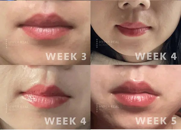 Eyeliner PMU before and after comparison. Top: natural eyes with no makeup, bare lash line. Bottom: subtle lash line enhancement with thin dark pigment along upper lash line. Natural definition, no heavy wing. Hyper Real Eyeliner technique showing LLE results.